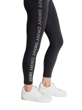 DKNY Black Leggings with Silver Rhinestone Logo Side Stripe